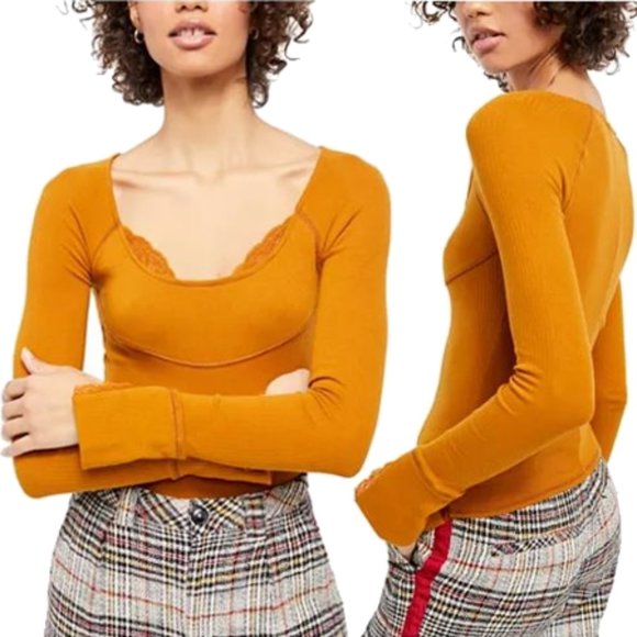 Free People Lace Cuff Long Sleeve Boho Top - Picture 2 of 9